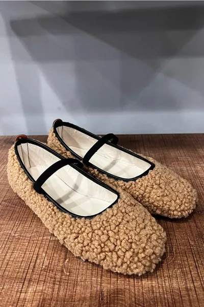 Женская Тан Мэри Джейн Тедди Плюшевая Однополосная Повседневная Балерина Балерина Балетки Повседневная Легкая Мягкая Повседневная Обувь