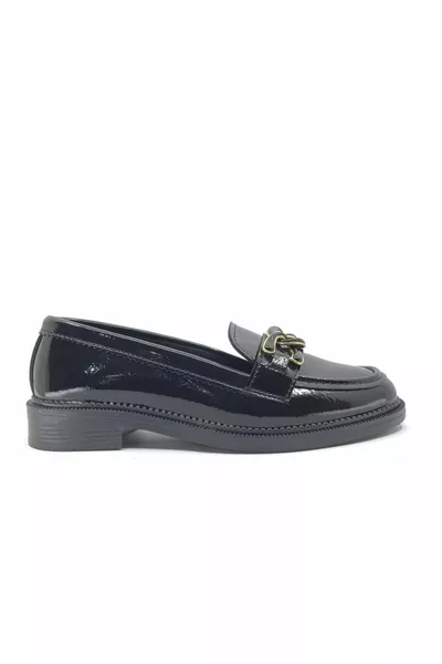 Feles Chain Buckle Detailed Women's Ballet Flats Black-Patent Leather