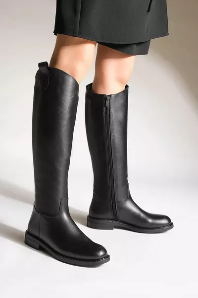 Women's Genuine Leather Casual Boots Knee Below Knee Zipper Sepatu Black