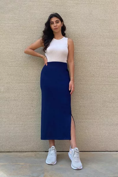 Marineblauwe potloodrok met lange split voor dames