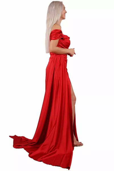الأحمر انخفض الكتف شق الساتان مساء اللباس