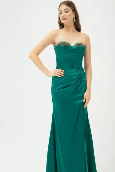 المرأة الزمرد الحجر الأخضر Underwire مشد طويل الساتان مساء اللباس مع شق