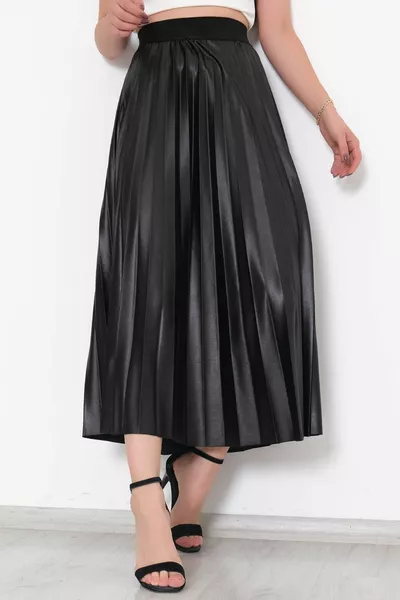 Дамска черна кожена визия с висока талия миди дължина талия ластик дълга разклещена плисирана пола хиджаб - 