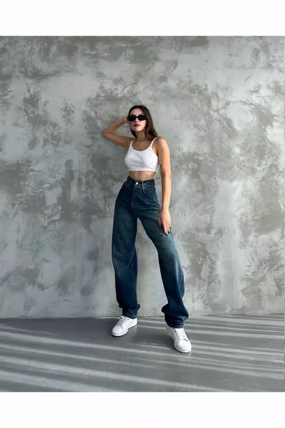 Cintura a vita alta blu da donna dettagliata a gamba larga Casual Fit Baggy Pants