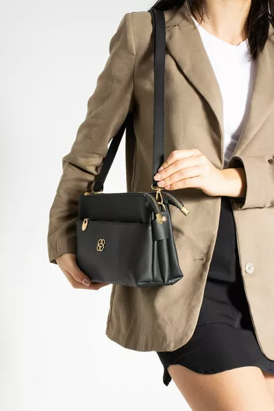 المرأة الأسود محور الجلود 3 مقصورات مخصص حقيبة الكتف المرأة