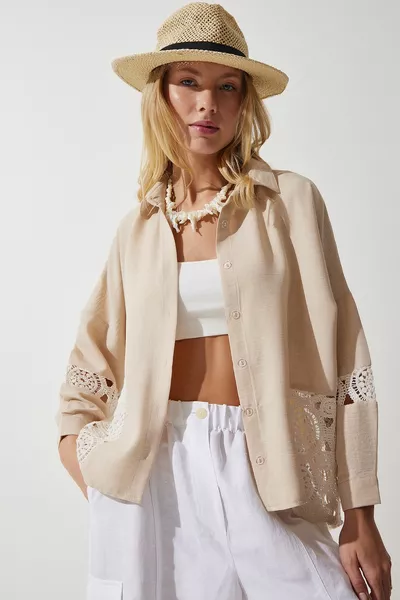 المرأة البيج الرباط مفصلة الكتان قميص 