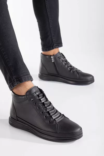 GUARANTEED BLACK COLOR ORTHOPEDIC SOLE ZIPPERED WARM LINED BOOTS RUBBER SOLE LACE-UP BOOTS