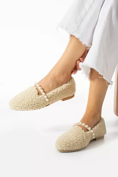 Beige Wol Parel Winter Ballerina's voor thuis en buiten voor dames
