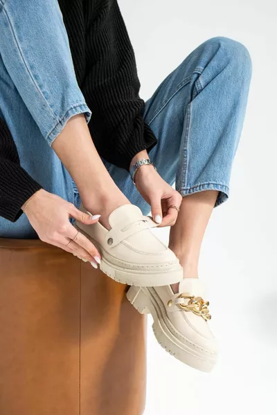 Kristen Women's Beige Leather Chain Loafer Shoes