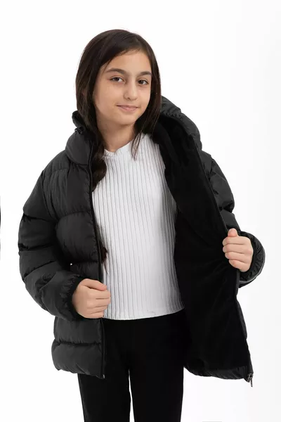 الفتيات الأسود الصوف مقنعين للماء يندبروف جيب نفخ معطف الشتاء