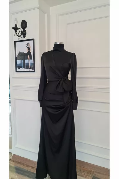 Zwarte satijnen stof, Lace-Up Hijab Avondjurk