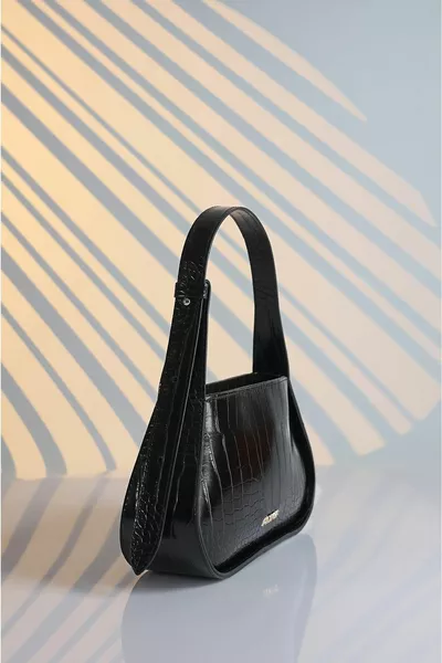 Nero Coccodrillo Modello Foderato Regolabile Tracolla Mano E Spalla Baguette Bag