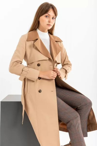 % Cotton Gabardine Long (CM) Double Color Garnish Lined Belted Women's Trench Coat 