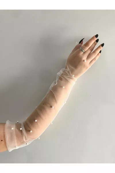 Guanti Pearl S Taglia 1. Guanti in tulle senza dita di qualità Guanti da sposa Guanti da sposa Off-White