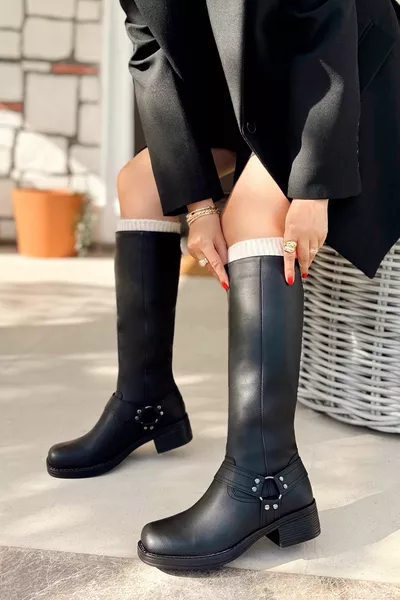 Bikerriem Gedetailleerde Dikke Zool Vierkante neus Onder de knie Comfortabele treklaarzen voor dames