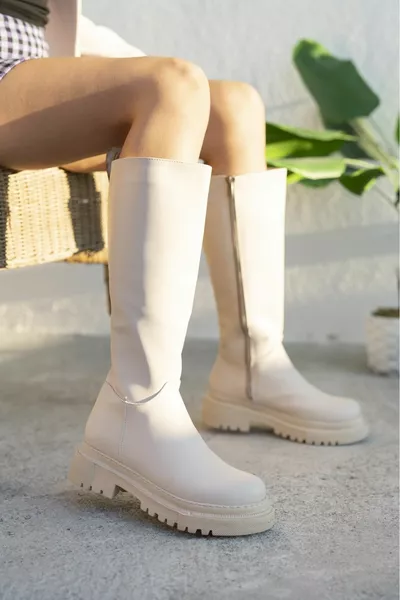 Halaf Stivali da donna beige lunghi con cerniera al ginocchio