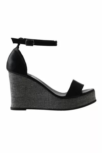 Schwarzes Leder Damen Espadrille Sandalen mit gepolsterten Absätzen 