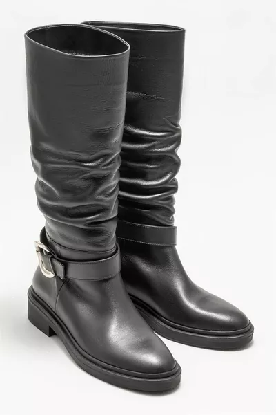 Black Leather Women's Flat Boots