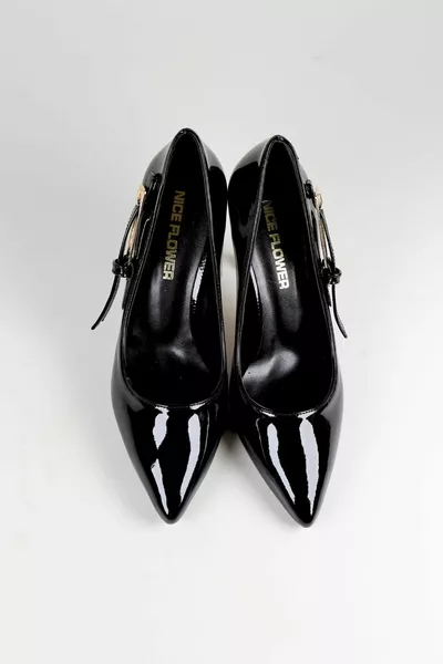 نسائي أسود لامع جلد واحد مشبك خنجر الكعب 7.5 سم