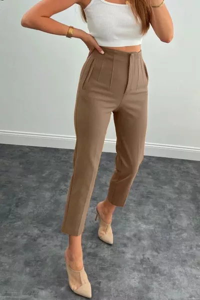 Pantalon taille haute en tissu carotte collet femme - Vison
