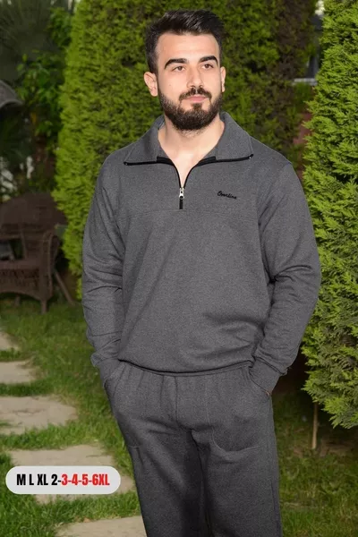 Тъмно сив Battal Large - нормален размер широк крачол половин цип памучен мъжки анцуг eestyak