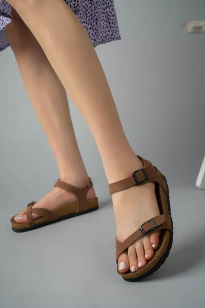 Women's Tan Matte Double Buckle Sandals