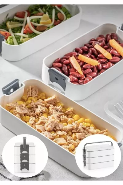 3-Layer Portable Lunch Box – Lunch Box Diet Lunch Box Storage Container Grey with Cutlery