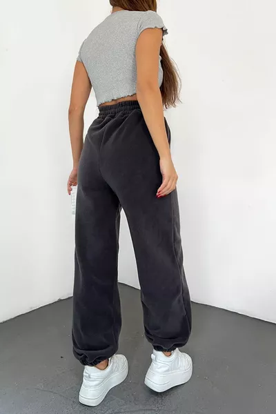 المرأة أنثراسايت الشتاء سميكة الصوف النسيج عالية الخصر عداء بنطال رياضي