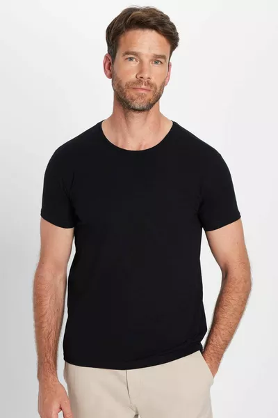 Herren Slim Fit Slim Fit Baumwolle Weich strukturiert Dehnbarer Stoff Plain Basic Schwarzes T-Shirt mit Rundhalsausschnitt