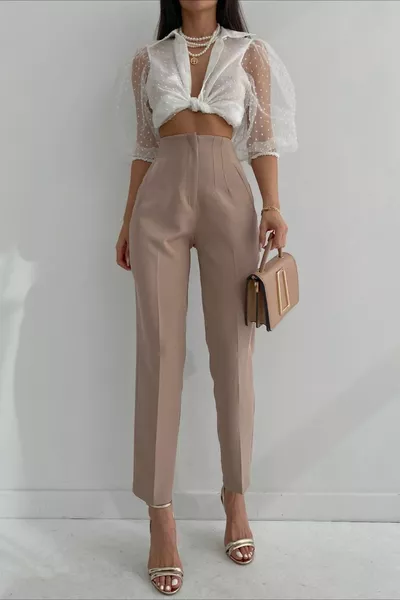 Pantaloni a pinza a vita alta con pieghe in vita