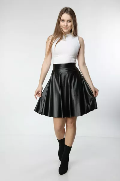 Women's Black Flared Faux Leather Skirt