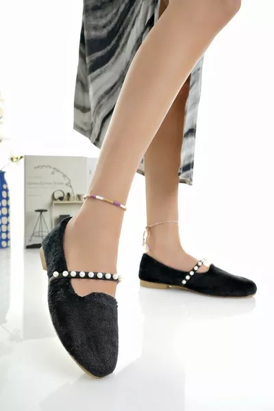 Dames Zwarte Wol Parel Winter Ballerina's Huis- en Buitenschoenen