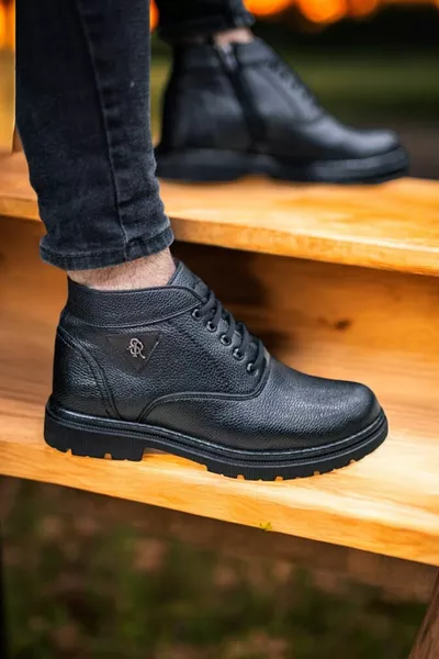 Erkek Siyah SR Deri Günlük Rahat Ortopedik Bot 