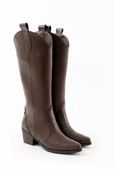 Women's Burnt Brown Leather Embroidered Tall Cowboy Boots