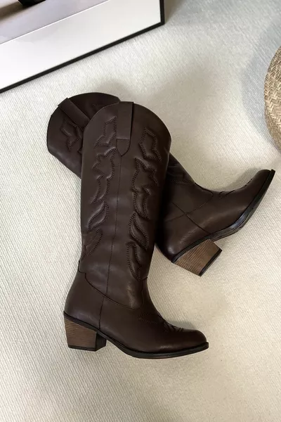 تكساس مطرزة طويلة الركبة براون الغربية المرأة أحذية رعاة البقر