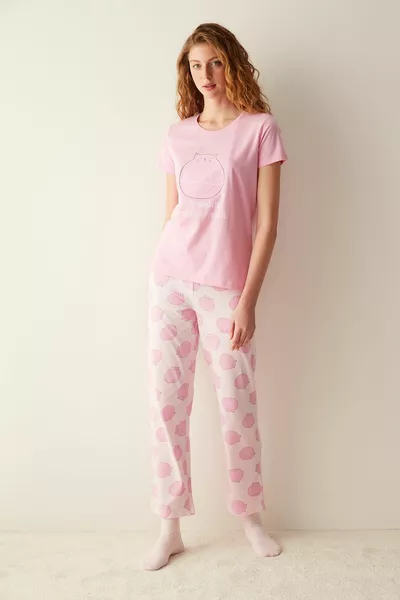 Happy Cat Pink Pants Pajama Set