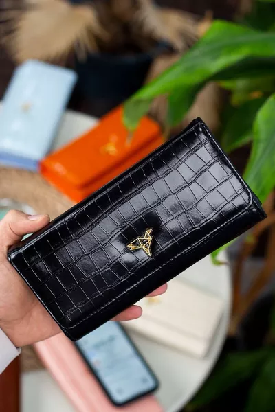 سيدة التكنولوجية الجلود التمساح نمط أنيقة محفظة المرأة السوداء مع الكثير من حاملي البطاقات عملة مقصورة