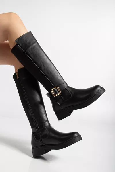 حذاء نسائي طويل من الجلد الأسود المطفي مع مشبك خلفي مرن