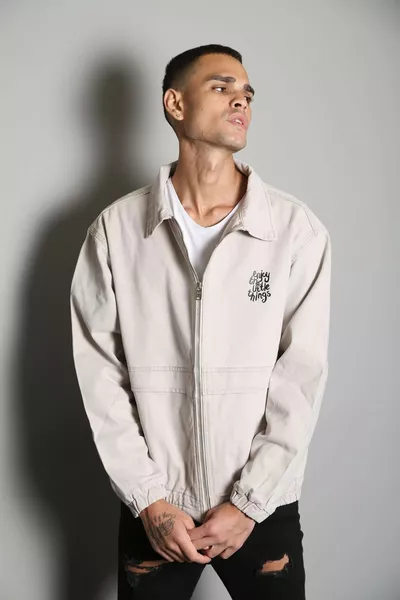 Oversized beige bedrukt bomberjack met rits voor heren