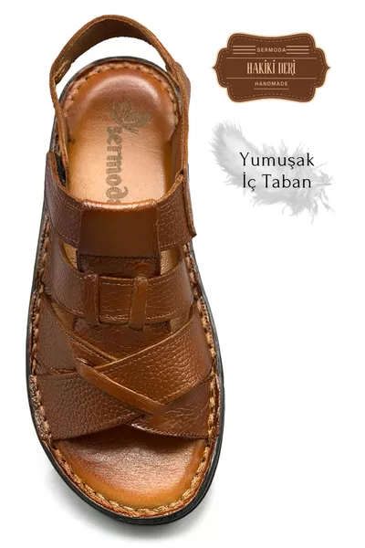 صندل رجالي من الجلد الطبيعي بحزام لاصق وعبر القدم بلون التابا