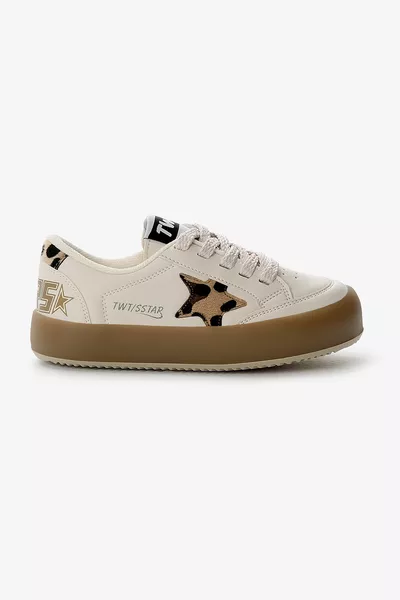Kinder Unisex Beige Luipaard Thermo Zool Sneakers met Sterdetail, Veters en Klittenband