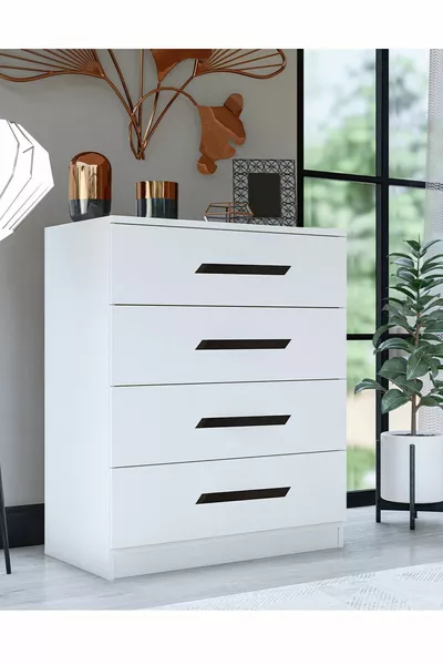 خزانة بيضاء بمقابض سوداء وأربعة أدراج من GM Almina