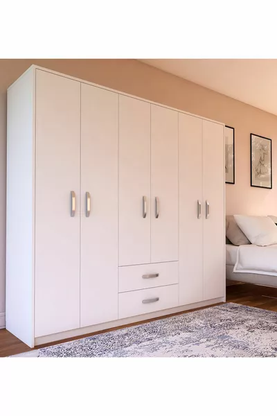 خزانة ملابس بيضاء  ديلوكس بستة أبواب ودرجين