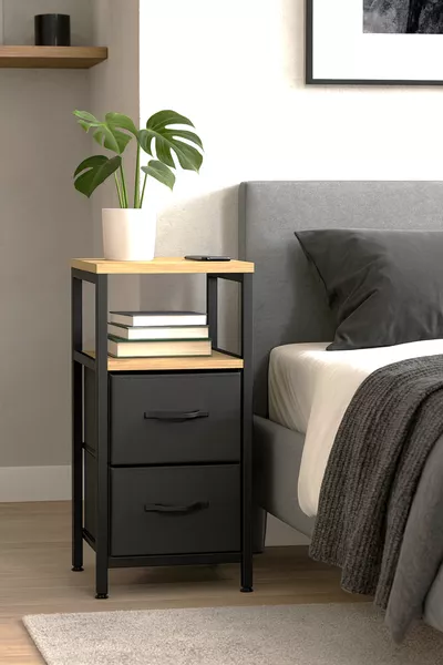 2-laags Nachtkastje met Leren Lade Organizer Slaapkamer Metaal Nachtkastje