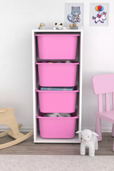 Armoire à jouets multifonction Cara à 4 paniers profonds, armoire de cuisine/pantry rose