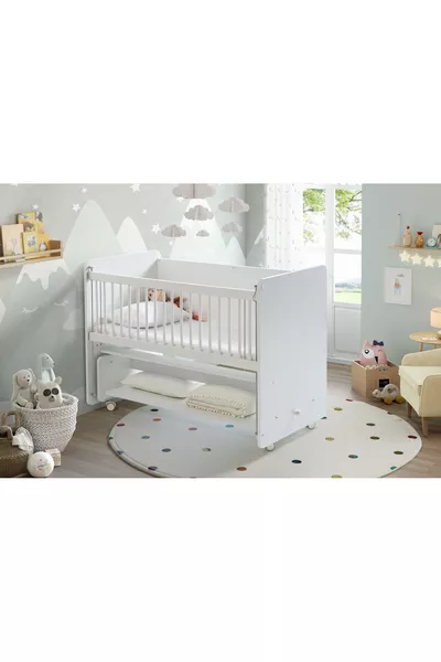 Шейкърно легло за бебе с колела и наклон за майка - Бебешко легло - Бяло - См - 