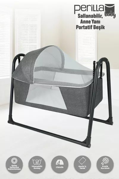 Rocking Portable Baby Crib with Mosquito Net for Mother, Dark Gray