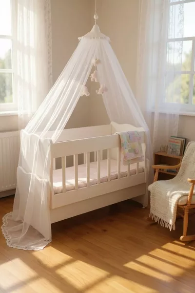 سرير أطفال خشبي أبيض يتأرجح بجانب الأم