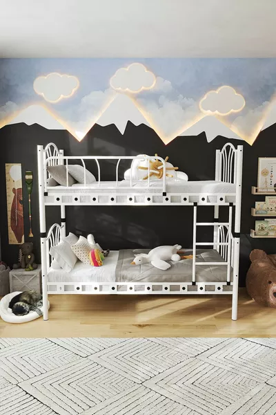 بيلا غرفة نوم أطفال شبابية سرير بطابقين وسرير معدني أبيض