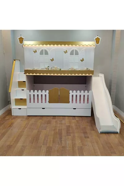 ЗОЛОТАЯ ДВУХЪЯРУСНАЯ КРОВАТЬ ALAÇATI С ГОРКОЙ